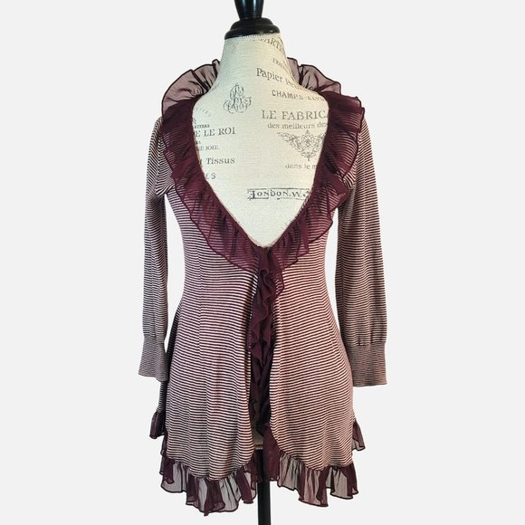 Guinevere Sweaters - Anthropologie Guinevere Ruffle Striped Burgundy and Cream Cardigan - Size Small